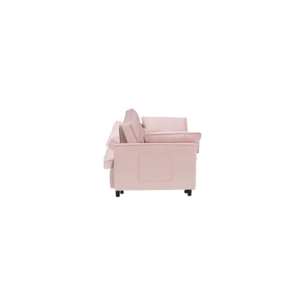 55" Modern Velvet Loveseat Sleeper Sofa, 3-in-1 Convertible Pull-Out Bed with Adjustable Backrest, 2 Pillows & Side Pockets, Small Pull Out Couch for Living Room, Apartment(Pink)