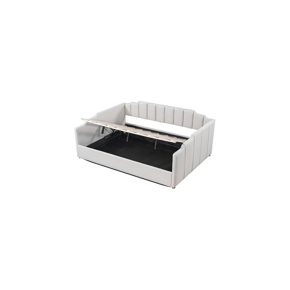Full Size Daybed, Upholstered Full Daybed Frame with Underneath Storage, Sofa Bed for Bedroom/Living Room, Beige