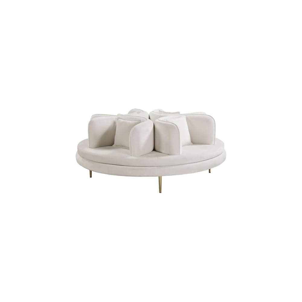 Pemberly Row Contemporary Velvet Roundabout Sofa, Cream Upholstery, Gold Iron Legs, 72" W x 72" D x 29" H, 4 Back Cushions, Matching Pillows, Elegant Living Room Seating