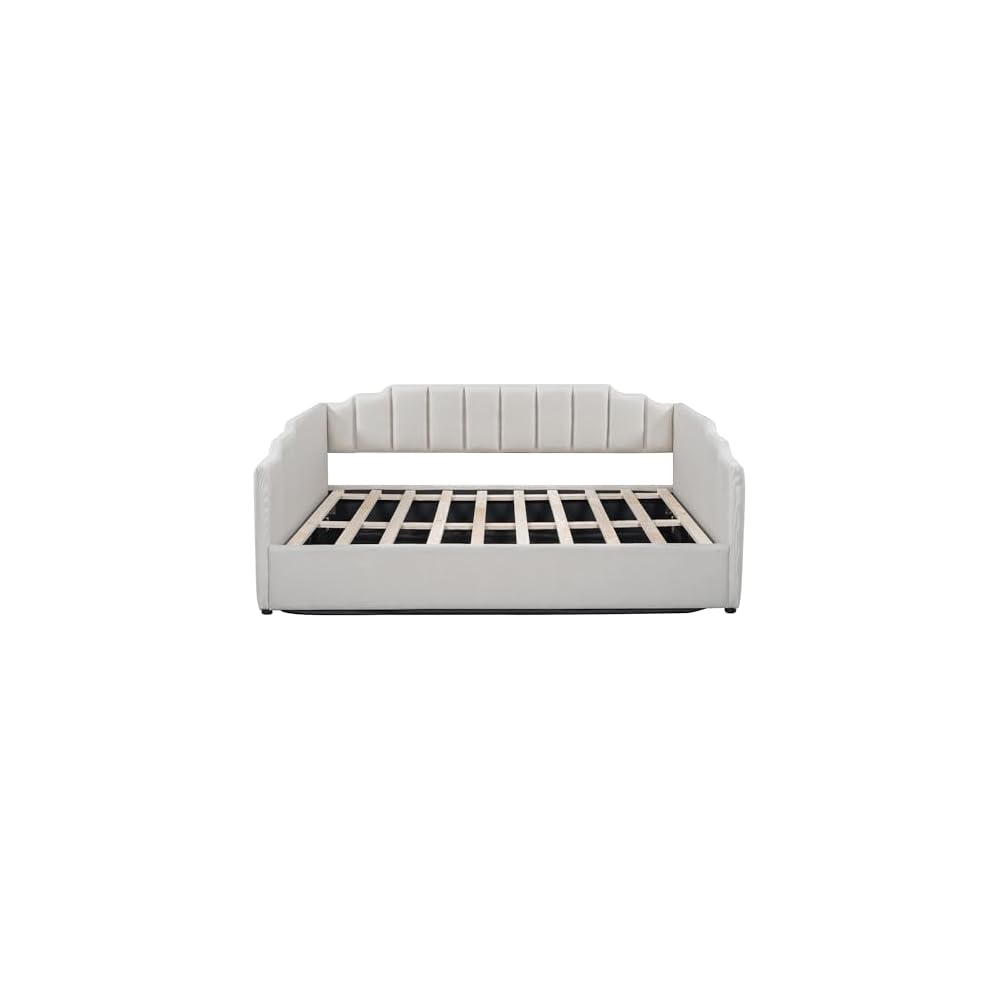 Full Size Daybed, Upholstered Full Daybed Frame with Underneath Storage, Sofa Bed for Bedroom/Living Room, Beige