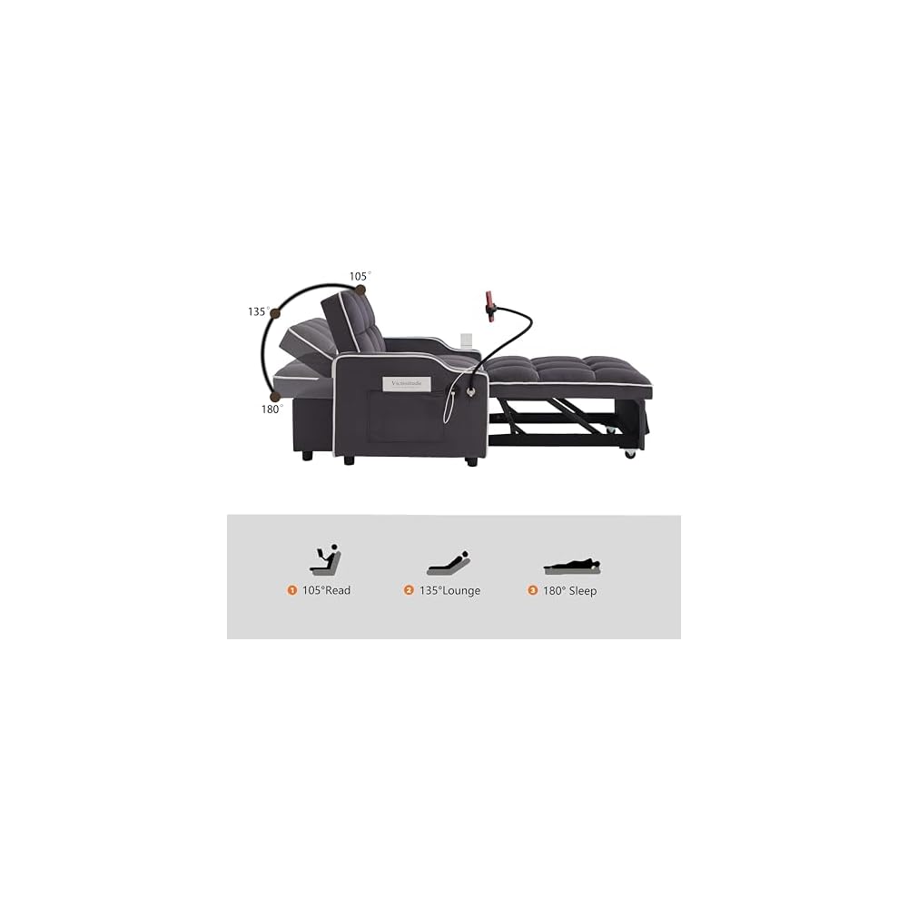 69" Small Pull Out Couch, 3 in 1 Convertible Sofa Bed, Adjustable Backrest with Phone Holder, Side Pocket & USB Port, Modern Sofa for Living Room, Bedroom, Apartment (Gray)