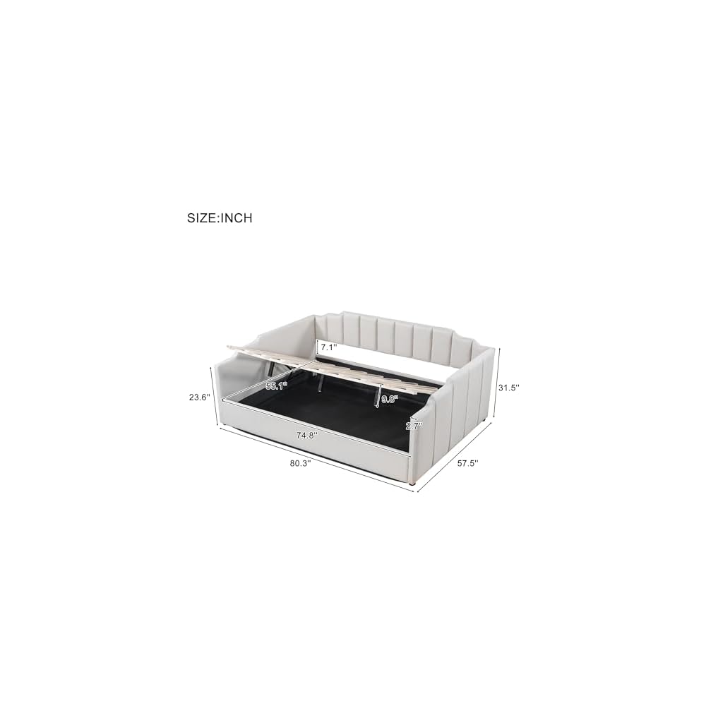 Full Size Daybed, Upholstered Full Daybed Frame with Underneath Storage, Sofa Bed for Bedroom/Living Room, Beige