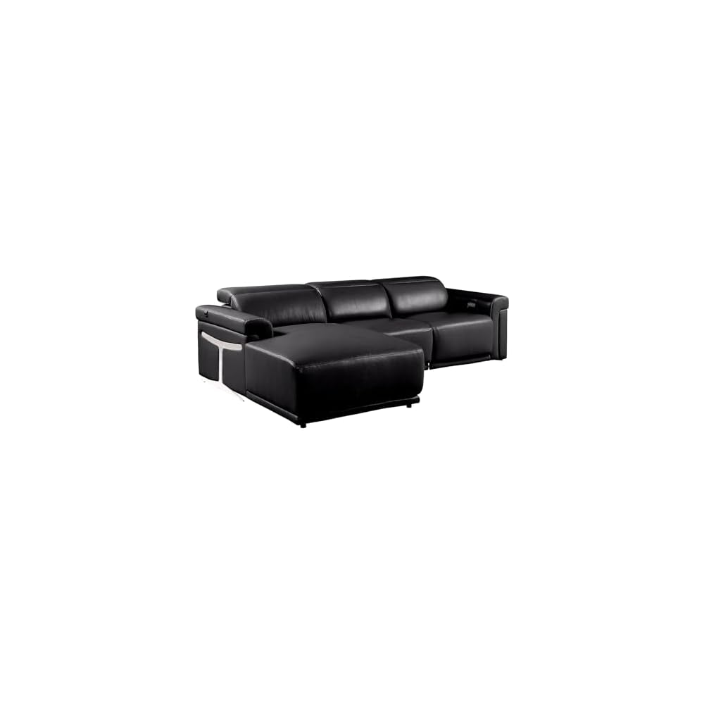 Blackjack Furniture Riccardo 3-Piece Power Reclining Sectional Couch for Living Room with 1 Recliner Seat, Top-Grain Italian Leather, Adjustable Headrests, Left-Facing L-Shape Sofa, Black