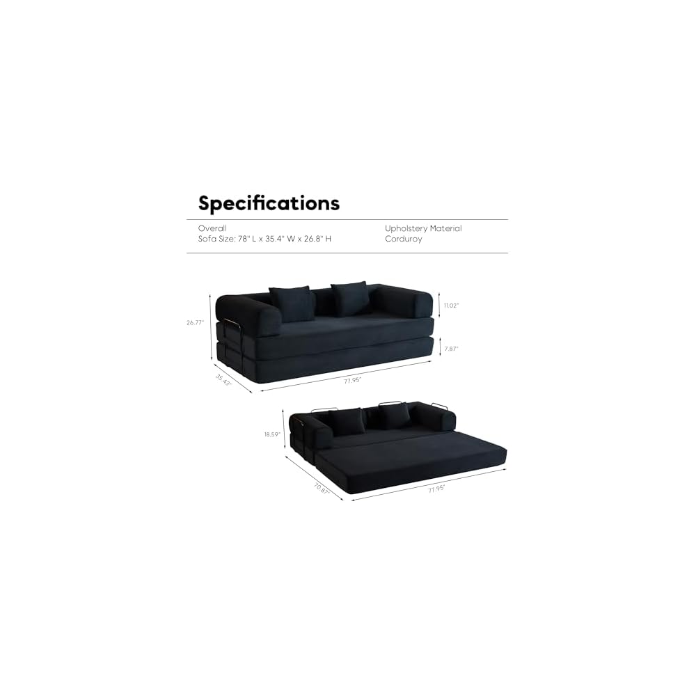 Convertible Sleeper Sofa Bed with Fixed-Shape Frame, Modern Corduroy Folding Boneless Couch with 2 Pillows, Comfy Floor Sofa Couch for Living Room, No Assembly Required, Black