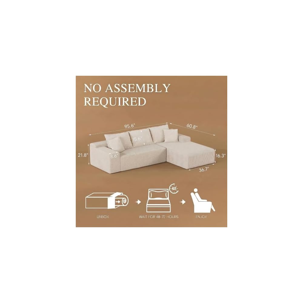 96" L Shaped Modular Sectional Sofa, Boneless Cloud Couch with Deep Seat Chaise, Compressed Memory Foam Corduroy Sofa, No Assembly, 3 Seater Couch for Living Room, Apartment, Bedroom, Beige