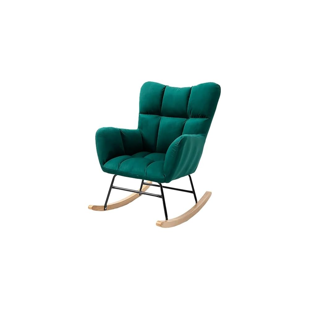 Nordic Rocking Chair Single Sofa Fireside Rocking Chair Patchwork Fabric Lounge Wing Back Chair with Solid Wood Legs Cotton and Linen Leisure Chairs for Living Rooms bedr