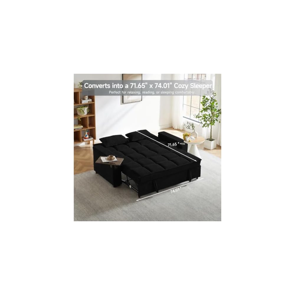 hansones 74" Convertible Sleeper Sofa Bed with Swivel Table & Storage，Black
