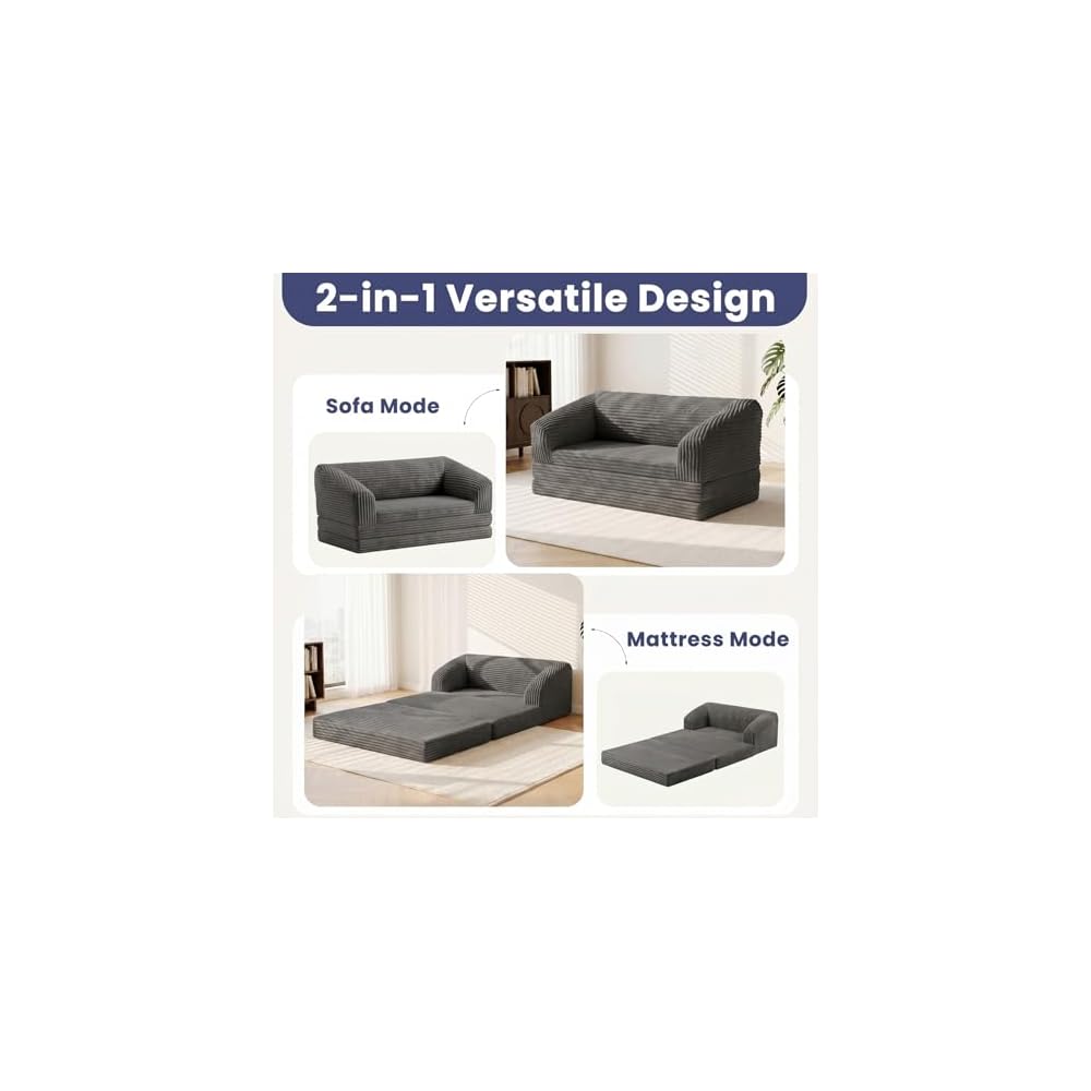 JUIKURY Convertible Sofa Bed, 3-in-1 Foldable Loveseat Couch with Armrest, Corduroy Floor Sofa & Sleeper Bed, No Assembly High-Density Foam Futon Mattress for Living Room, Small Apartment, Dorm