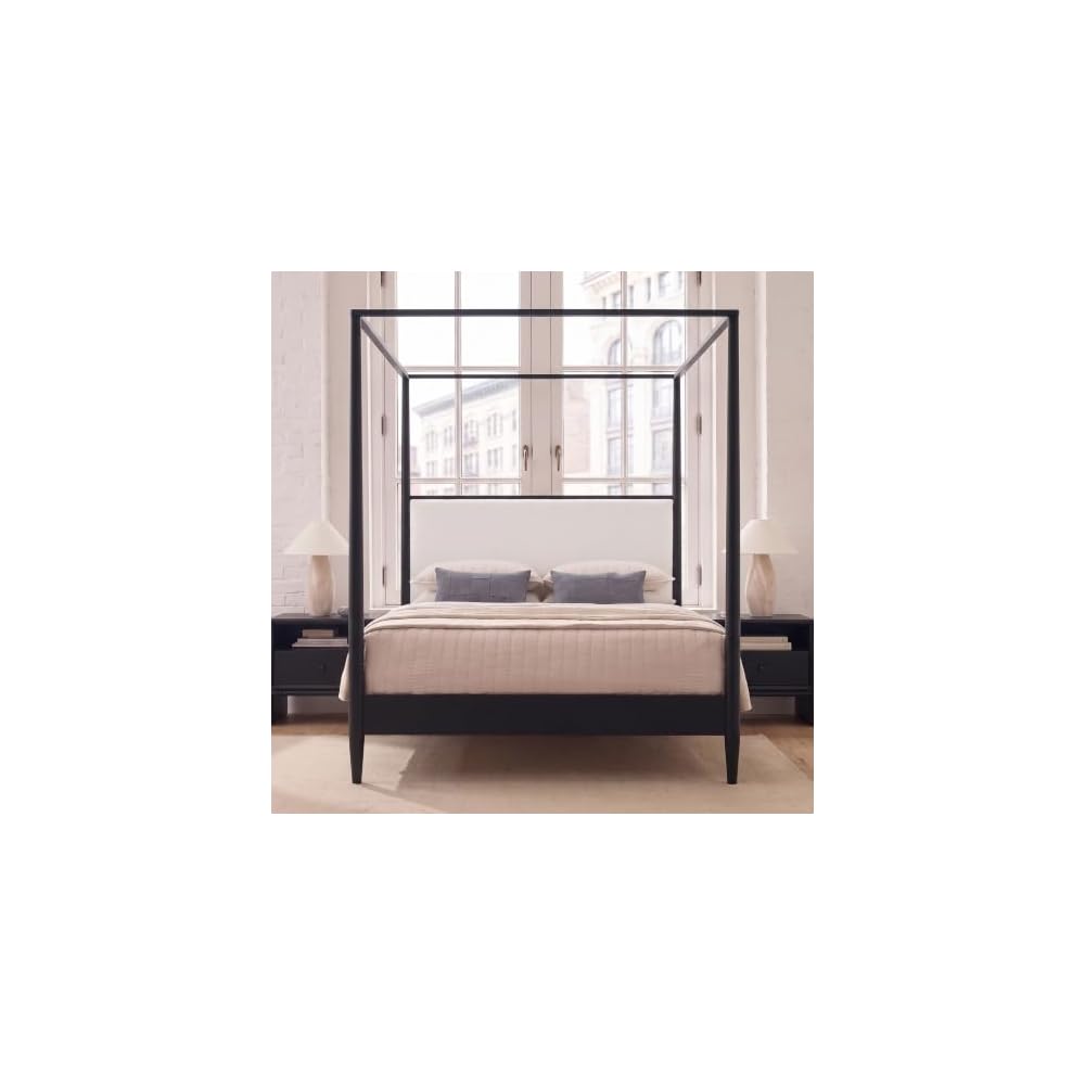 Merax King Canopy Bed with Boucle Headboard ＆ Tapered Legs (Black)