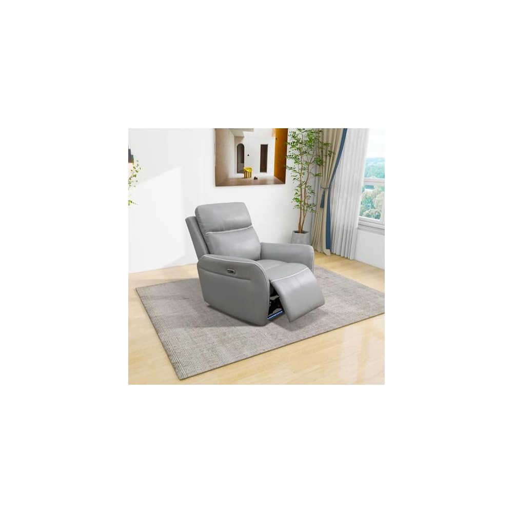Intelligent Functions Single Recliner Sofa Chair, Light Grey Breathing Leather Living Room Recliner Chair, Back Can Reach 110-115°, Ambient LED Lighting