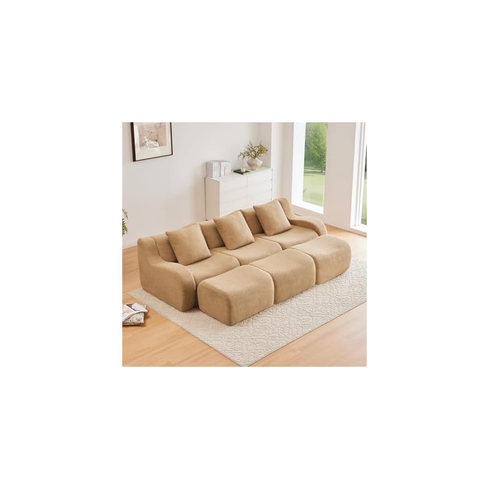 Three-Seat Boneless Sofa Teddy Fabric, No Assembly Required, Ergonomic Design, Camel