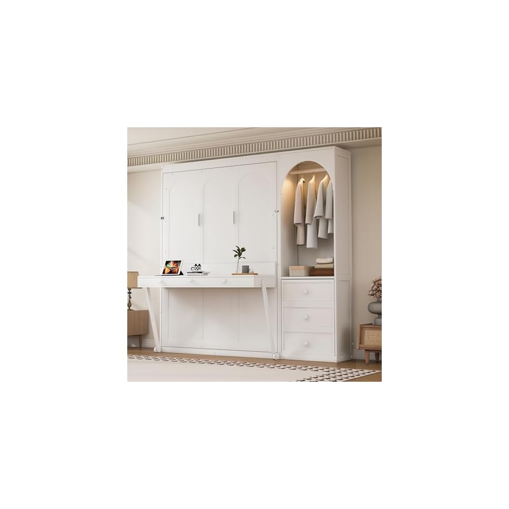 YOPTO Murphy Bed Queen Size,Murphy Bed with Stoarge Shelf,White