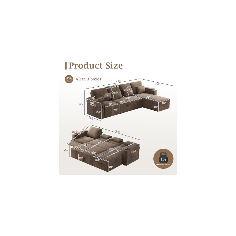 107.8'' Sleeper Sofa Bed, Recliner Pull Out Couches for Living Room, Khaki