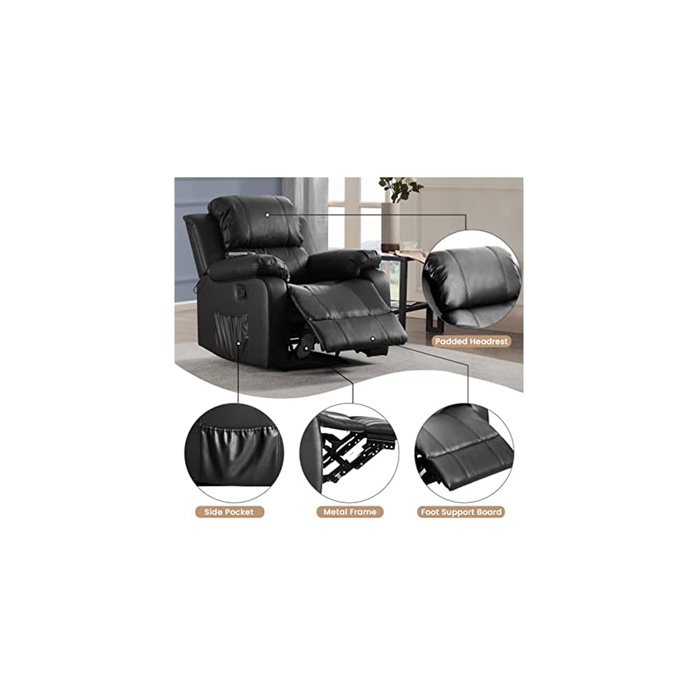 Power Recliner Chair with Massage and Heat PU Leather Electric Chair 8 Point Massage Lumbar Heat Ergonomic Recliner Sofa (Black)