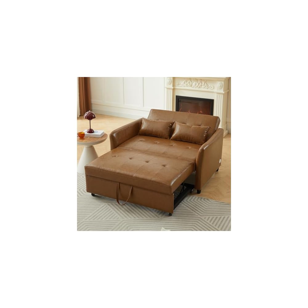 PU Leather Sofa Bed - 51.57" Brown Convertible Loveseat Sleeper Sofa with Pull-Out Couch Bed, 3 USB Charging Ports, Compact Faux Leather Couch for Living Room, Bedroom, Apartment