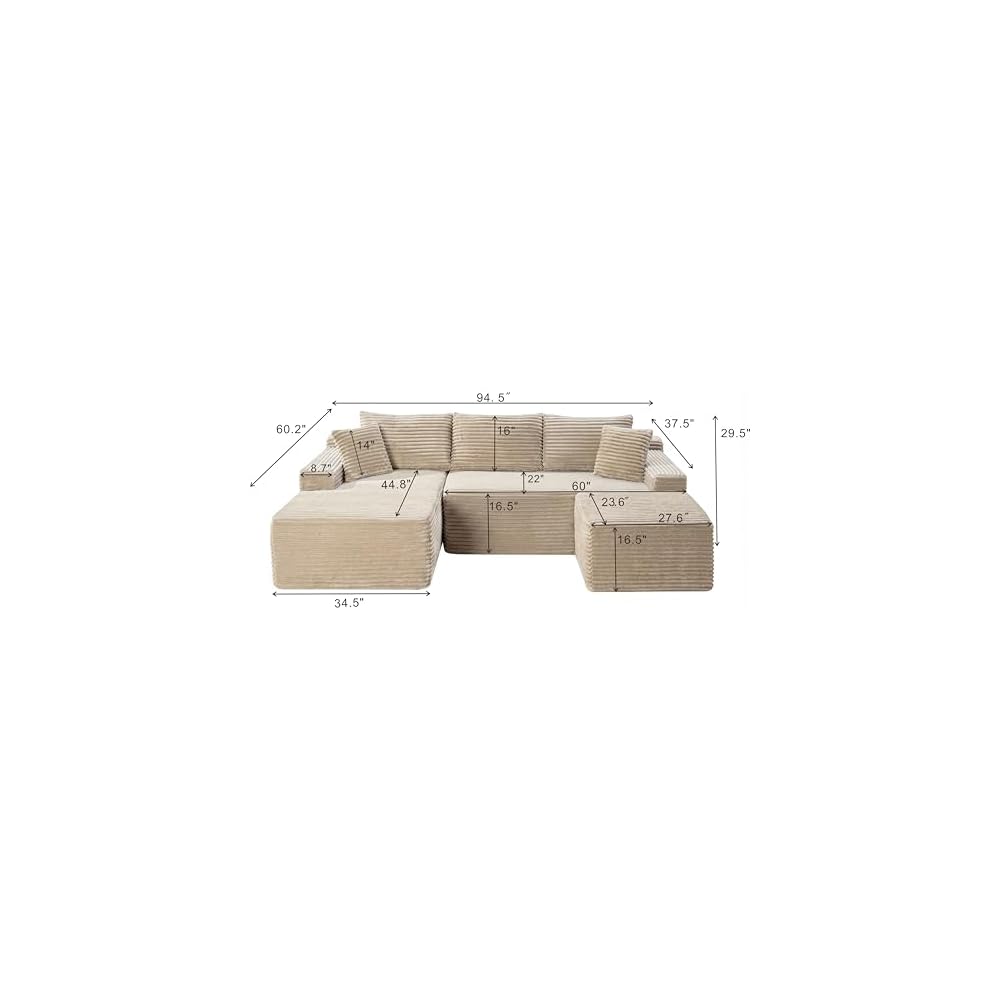 Camel Oversized Sectional Boneless Couches with Ottoman. Left Face Chaise