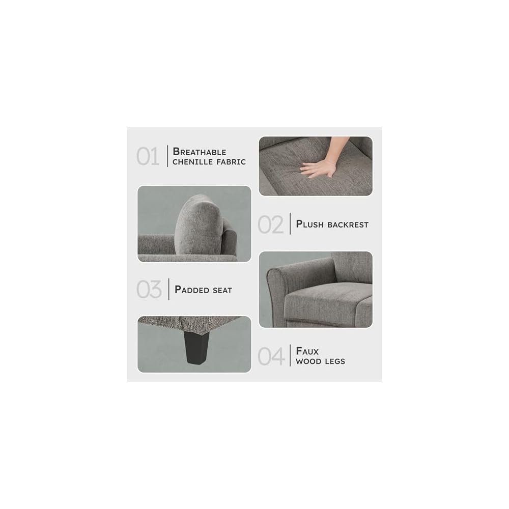 Lexicon Modern Sofa, Chenille Upholstered Sofa, Flared Round Arms, Foam Padded Pocket Coil, Comfortable Seat, Easy Assembly, Small Couch for Living Room/Office/Reading Spaces, Brown
