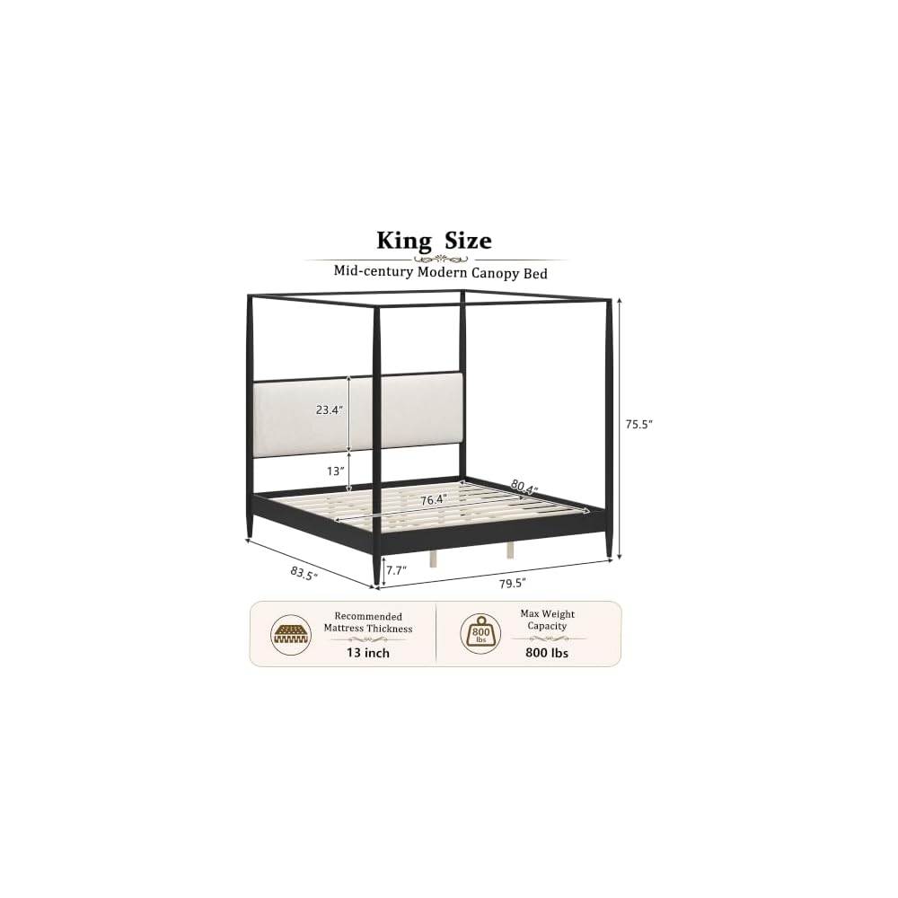 Merax King Canopy Bed with Boucle Headboard ＆ Tapered Legs (Black)