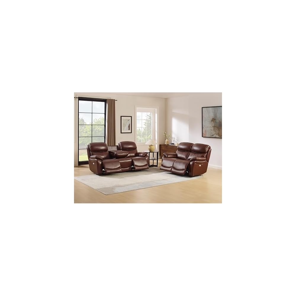 Brown Top Grain Leather Power Recliner Sofa Loveseat Set with USB Port.