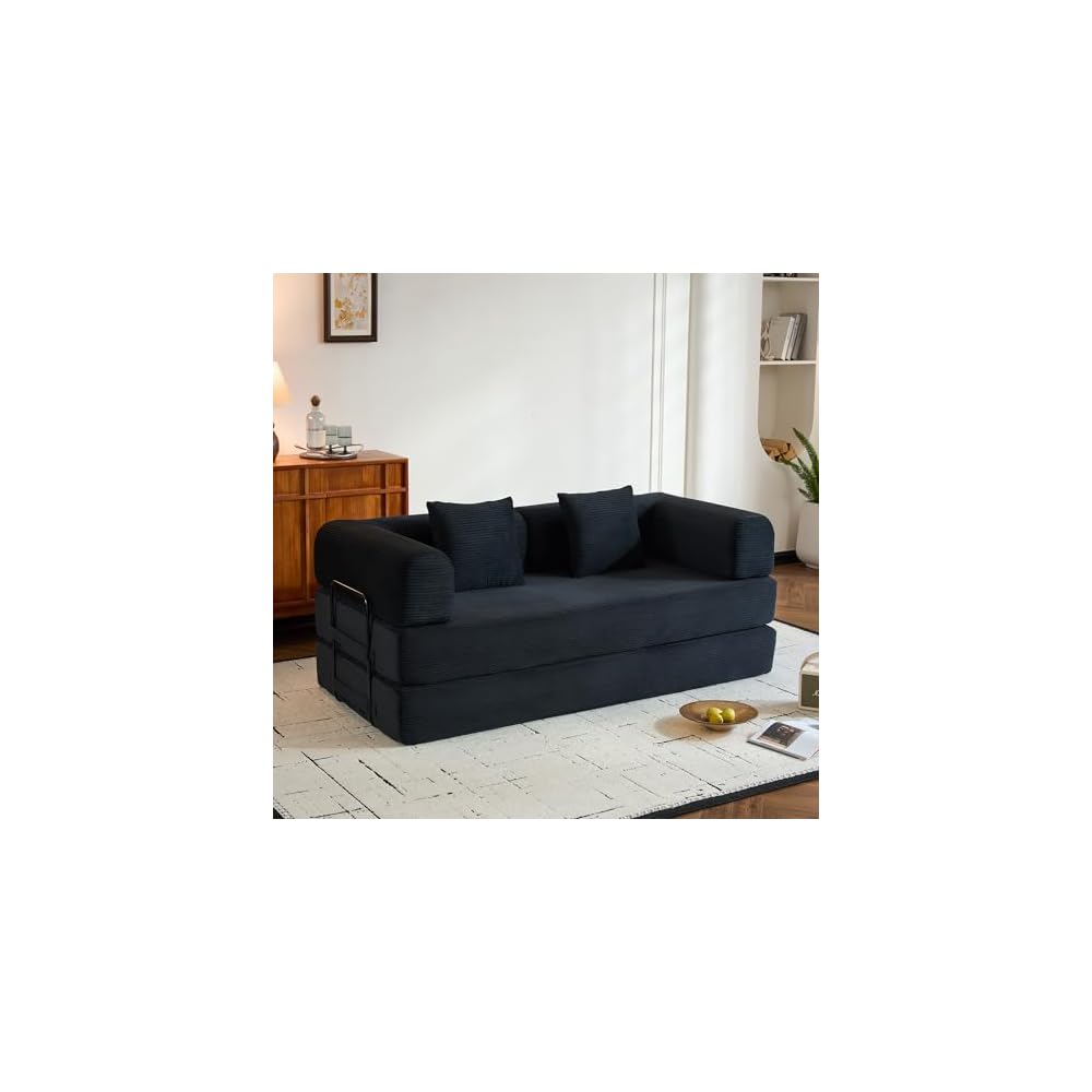 Convertible Sleeper Sofa Bed with Fixed-Shape Frame, Modern Corduroy Folding Boneless Couch with 2 Pillows, Comfy Floor Sofa Couch for Living Room, No Assembly Required, Black