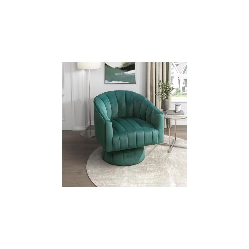 Lexicon Velvet Upholstered Swivel Accent Chair, Channel Stitched,Dark Green