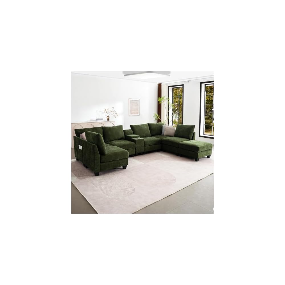 124" U Shaped 7 Seater Sectional Couch with Cup Holders