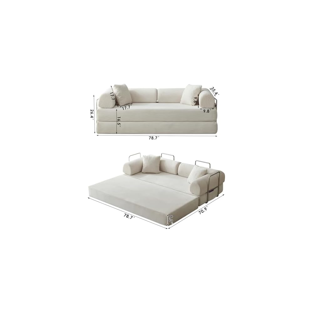 78.7" Convertible Sofa Bed, Boneless Couch Folding Sleeper Sofa with 2 Pillows, Foldable Floor Lounger with Pockets, Corduroy Pull Out Couch Bed for Living Room, Bedroom, Reading Room, Office, White