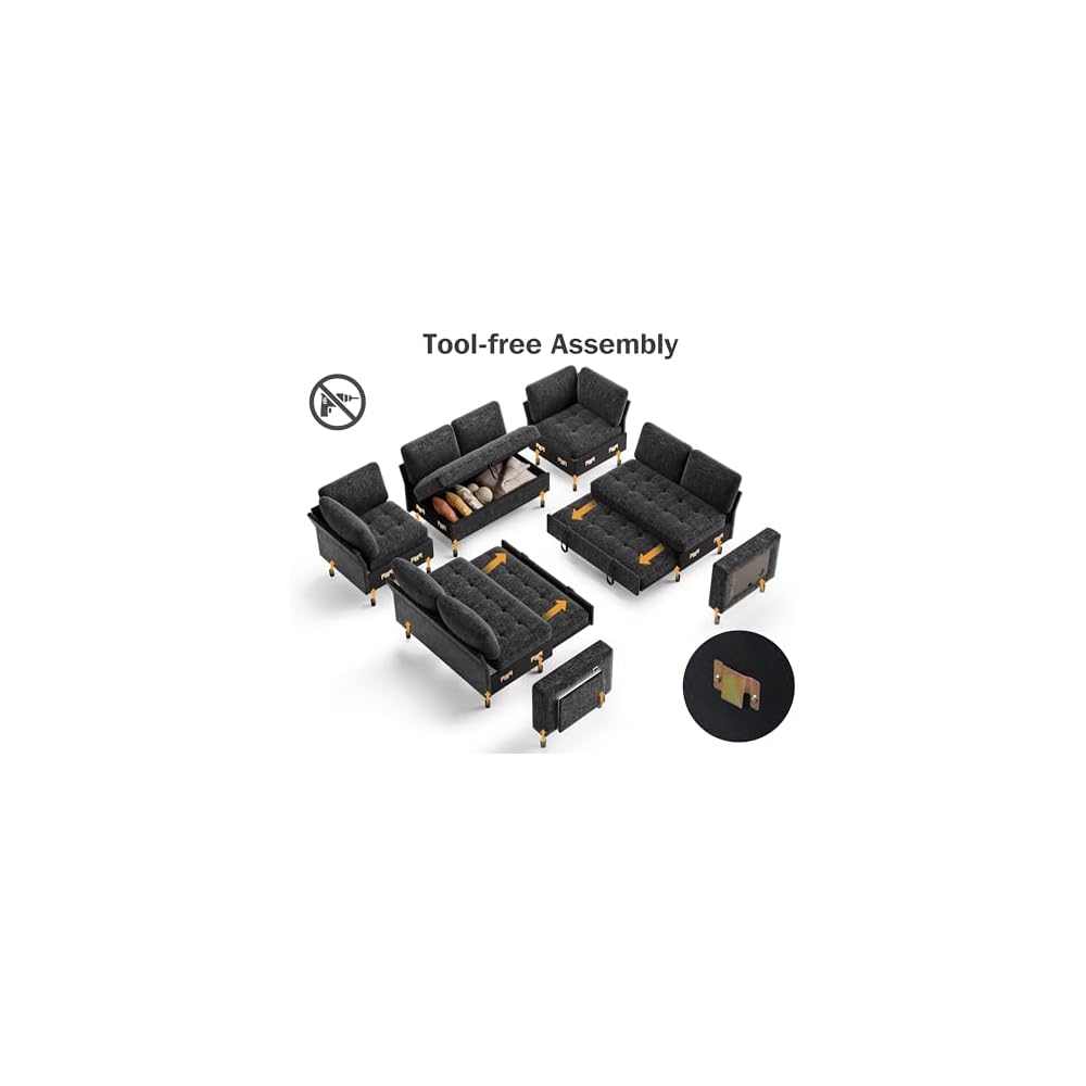 Vipbear 8 Seat U Shaped Modular Sectional Sleeper Sofa with Pull Out Bed/Reclining Backrest/USB Ports/Table/LED Light/Storage Seat, Sectional Sleeper Couch, Tool-Free Assembly, Chenille Black