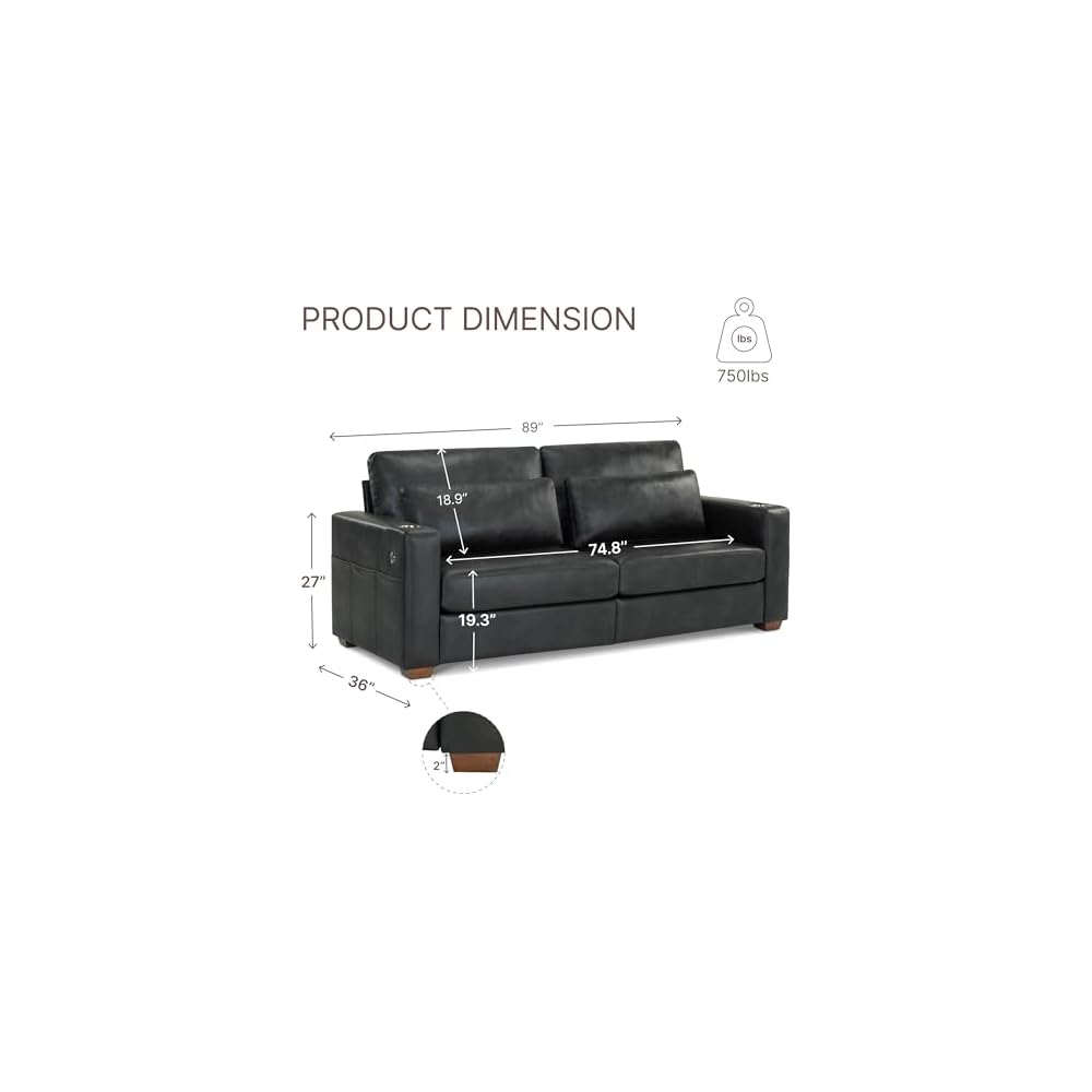 KISLOT 89" Sofa Couch for Living Room Faux Leather Upholstered Couch with Deep Seats and Wide Armrests 3 Seater Comfy Sofa with Cup Holders, USB & Type-C Ports, Spring Cushion, Solid Wood Frame Black
