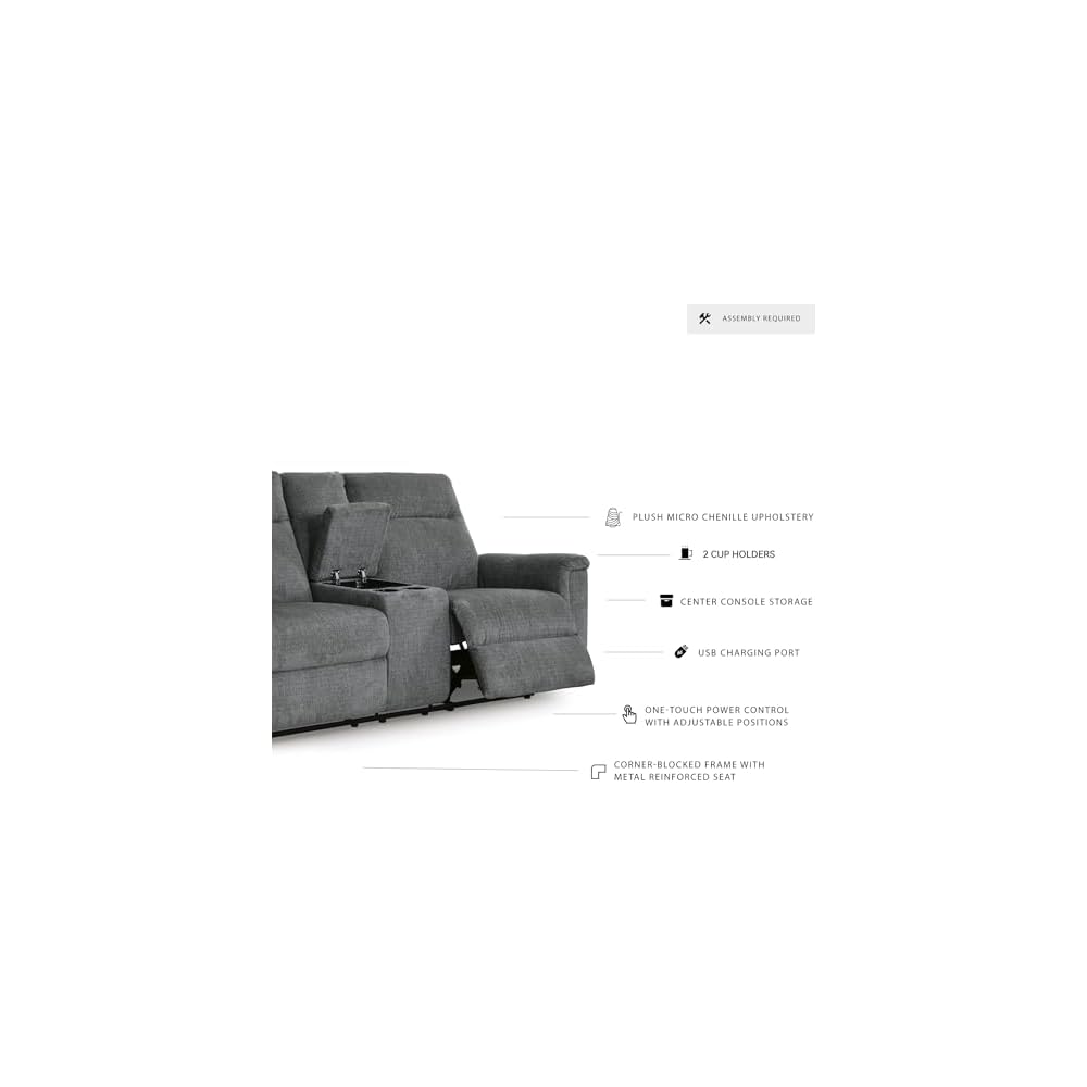 Signature Design by Ashley Barnsana Minimalist Power Reclining Loveseat with Console and USB Charging Ports, Gray