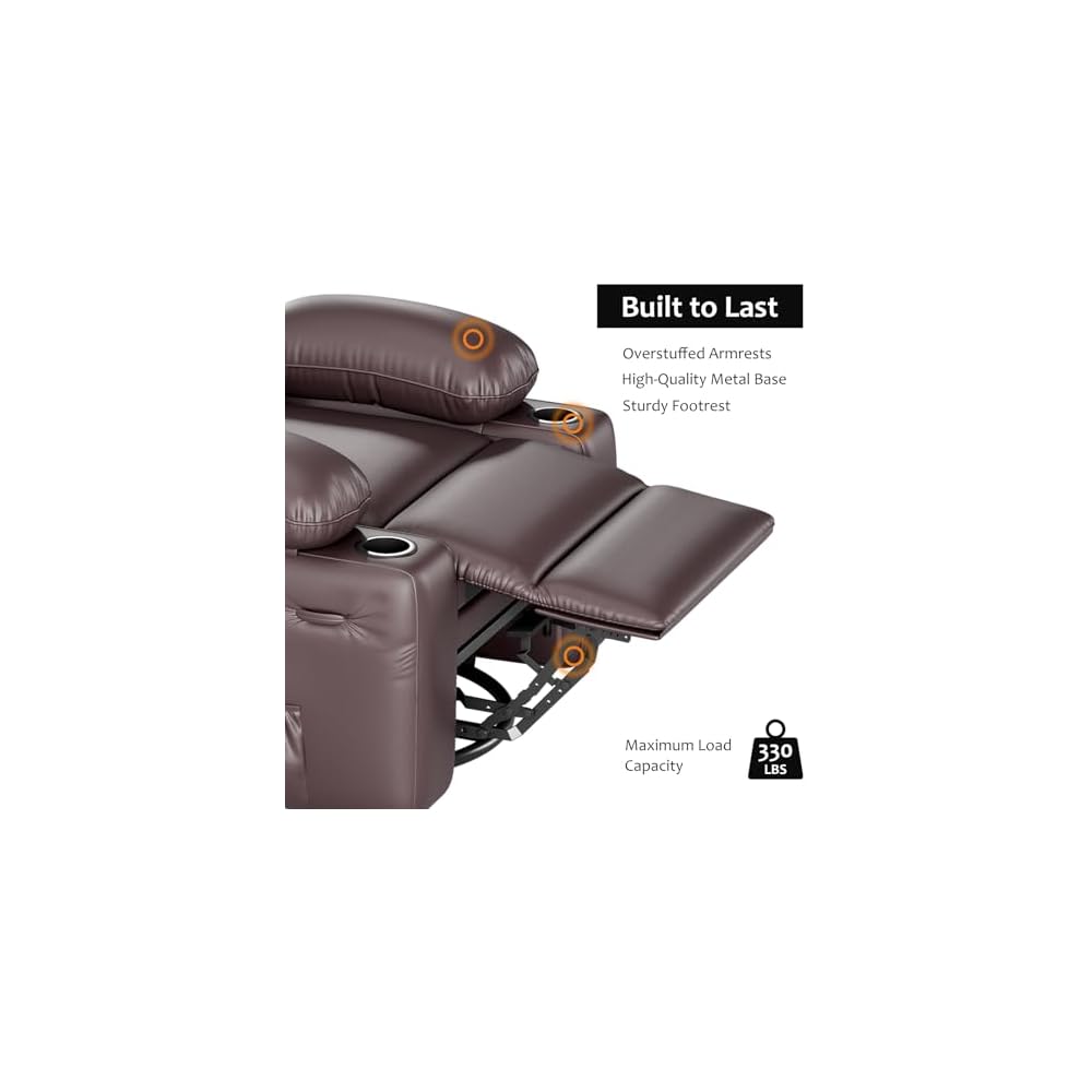 GarveeHome Leather Recliner Chair, Manual Recliner w/Comfortable Arms and Cup Holders for Living Room CF8011 - Brown, Medium