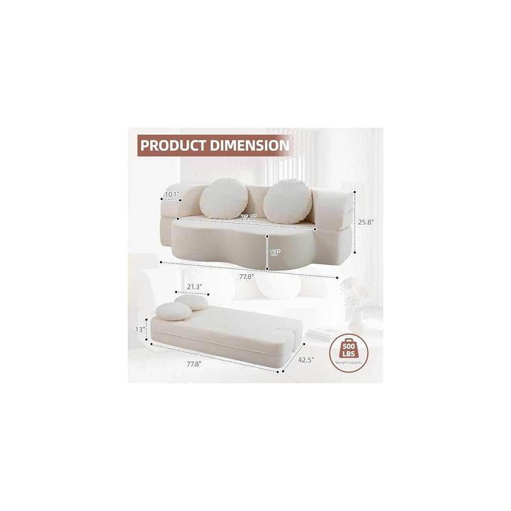Nuturelly 78" Floor Sofa Bed, Convertible Couch, No Assembly, White