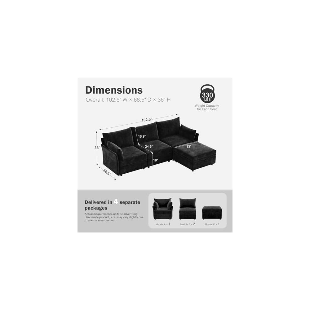 ABCASA 102.6" L Shaped Modular Sectional Couch with Washable Chenille Cover, 4 Seater Deep Seat Sofa with Storage Ottoman & Reversible Chaise for Living Room, Pet-Friendly, Black