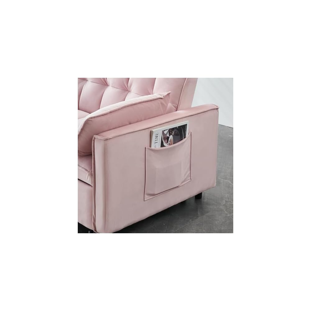 55" Modern Velvet Loveseat Sleeper Sofa, 3-in-1 Convertible Pull-Out Bed with Adjustable Backrest, 2 Pillows & Side Pockets, Small Pull Out Couch for Living Room, Apartment(Pink)