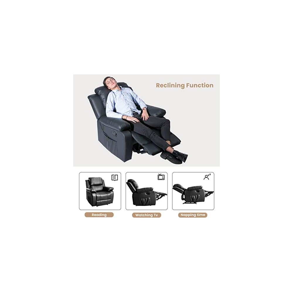 Power Recliner Chair with Massage and Heat PU Leather Electric Chair 8 Point Massage Lumbar Heat Ergonomic Recliner Sofa (Black)
