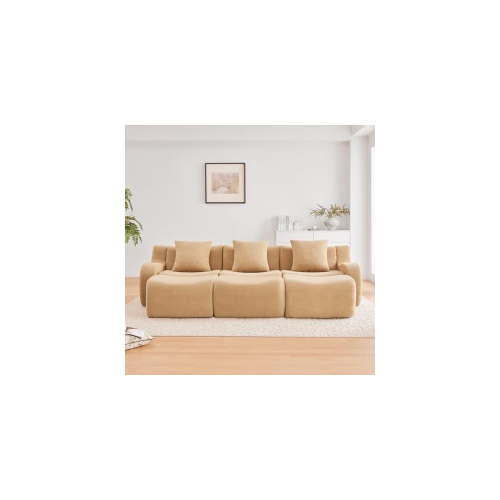 Three-Seat Boneless Sofa Teddy Fabric, No Assembly Required, Ergonomic Design, Camel