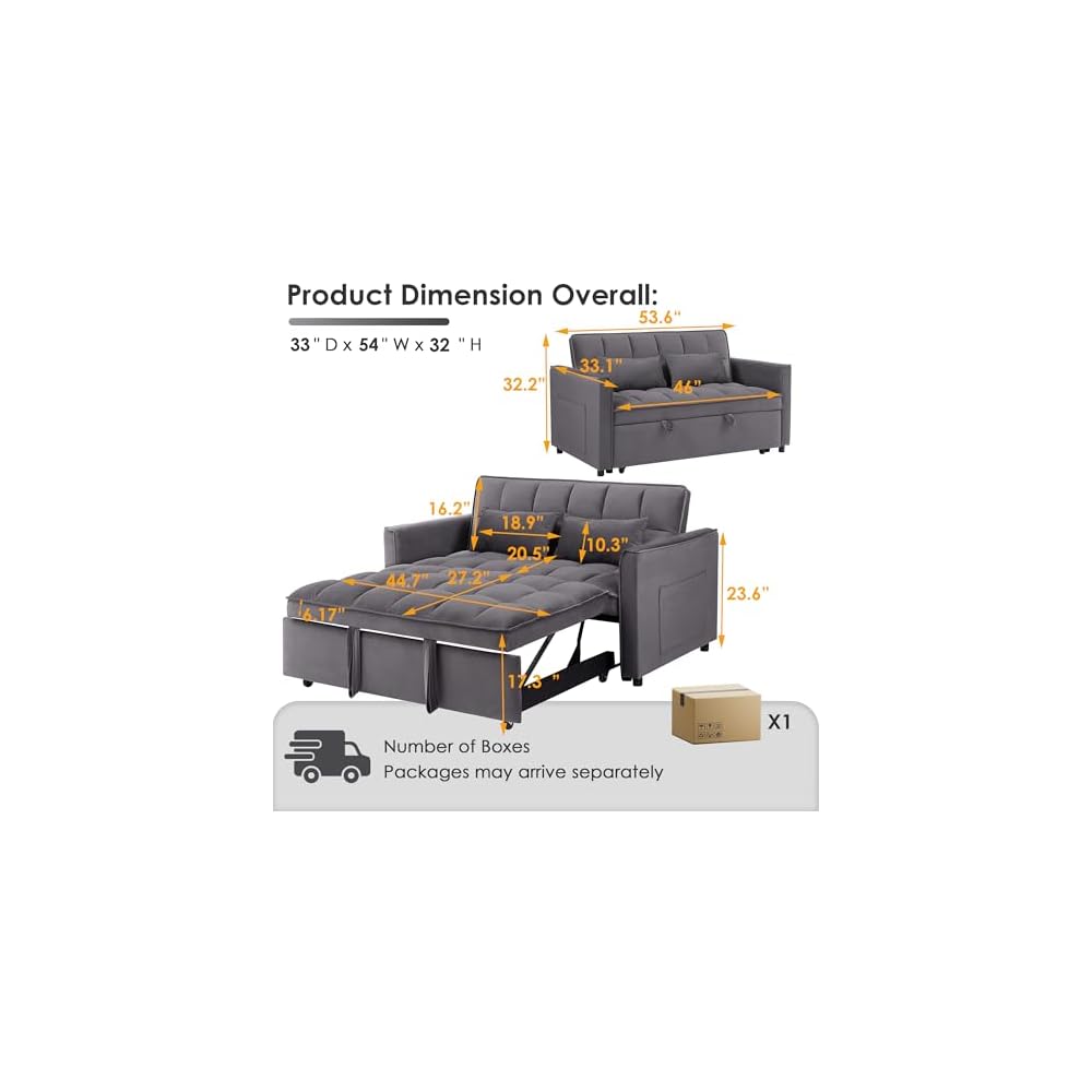 Sleeper Sofa 54", Velvet Convertible Sofa Bed, Gray