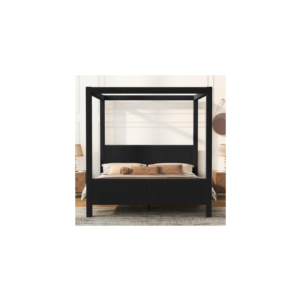 Queen Size Upholstery Canopy Platform Bed, with Headboard and Footboard, Vertical Ribbed Corduroy Design, Black