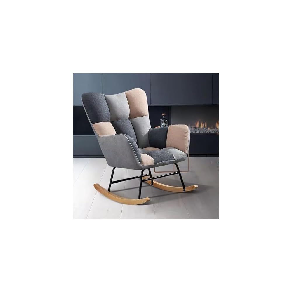 Nordic Rocking Chair Single Sofa Fireside Rocking Chair Patchwork Fabric Lounge Wing Back Chair with Solid Wood Legs Cotton and Linen Leisure Chairs for Living Rooms bedr
