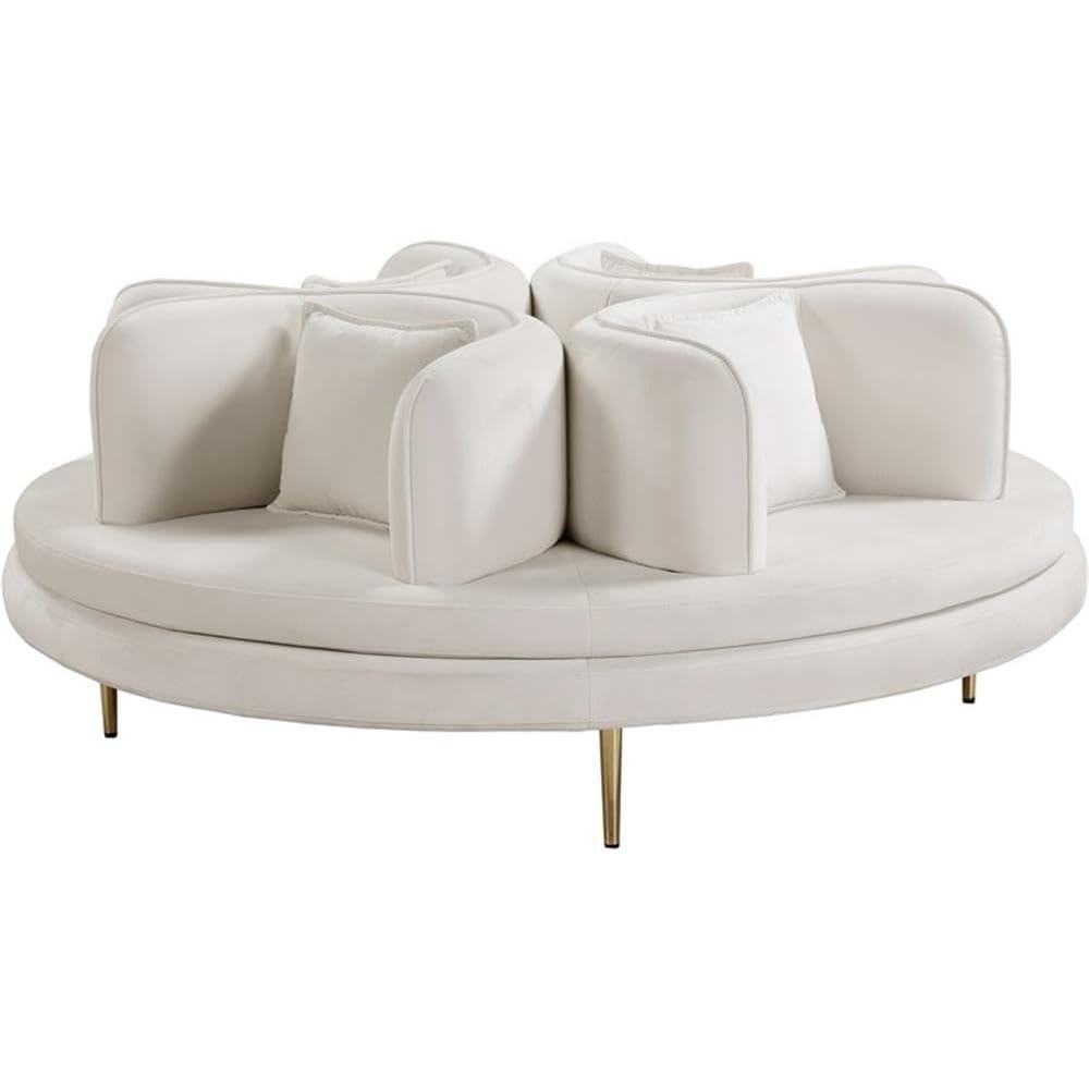 Pemberly Row Contemporary Velvet Roundabout Sofa, Cream Upholstery, Gold Iron Legs, 72" W x 72" D x 29" H, 4 Back Cushions, Matching Pillows, Elegant Living Room Seating