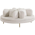 Pemberly Row Contemporary Velvet Roundabout Sofa, Cream Upholstery, Gold Iron Legs, 72" W x 72" D x 29" H, 4 Back Cushions, Matching Pillows, Elegant Living Room Seating