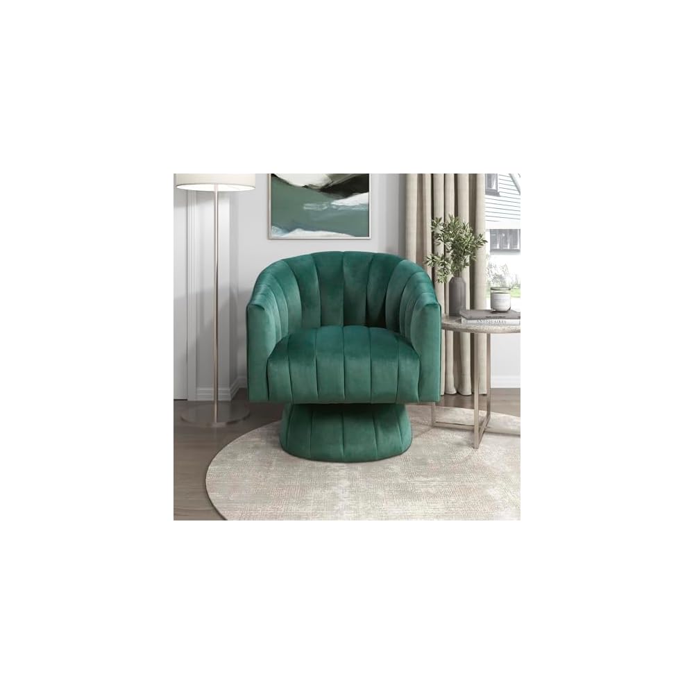 Lexicon Velvet Upholstered Swivel Accent Chair, Channel Stitched,Dark Green