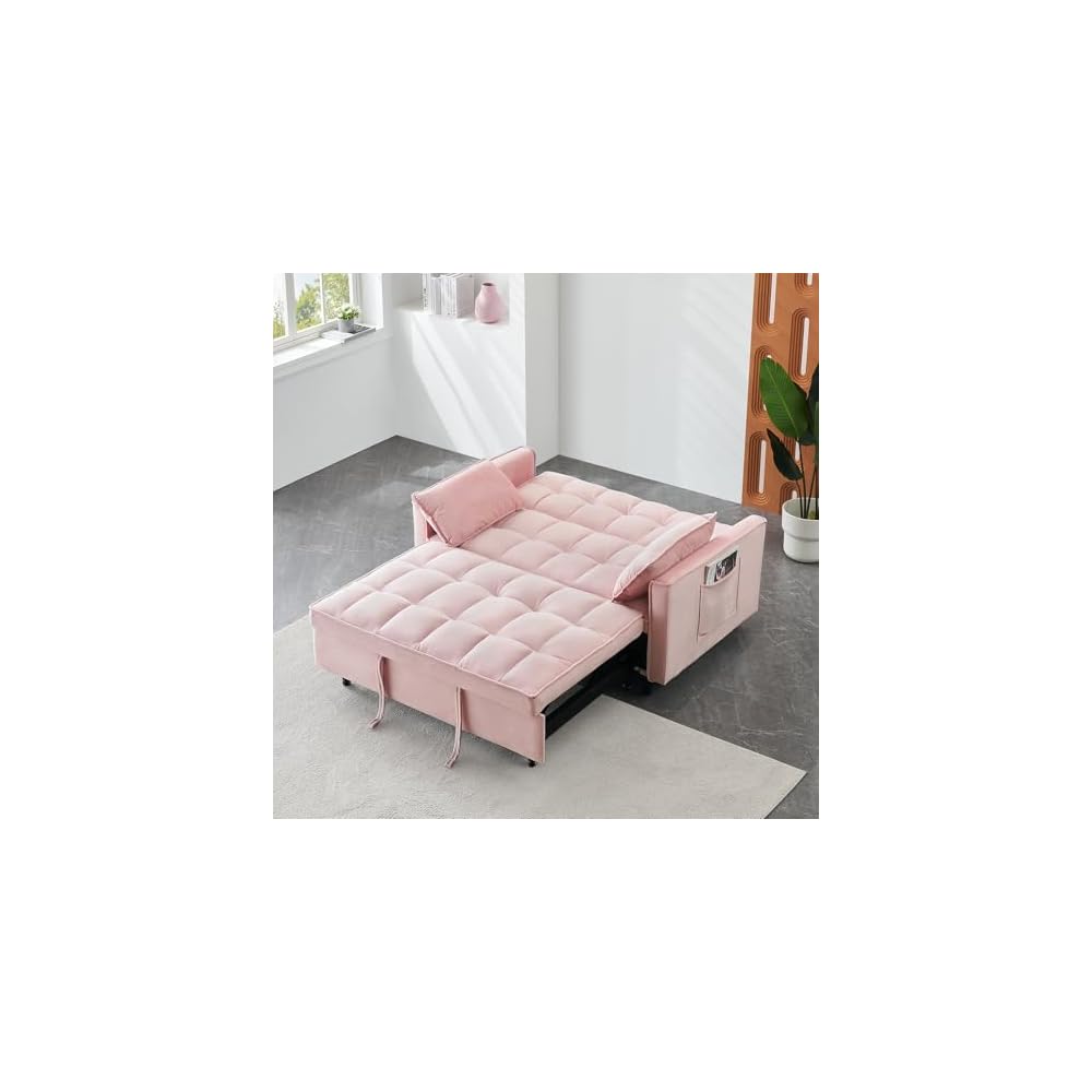 55" Modern Velvet Loveseat Sleeper Sofa, 3-in-1 Convertible Pull-Out Bed with Adjustable Backrest, 2 Pillows & Side Pockets, Small Pull Out Couch for Living Room, Apartment(Pink)