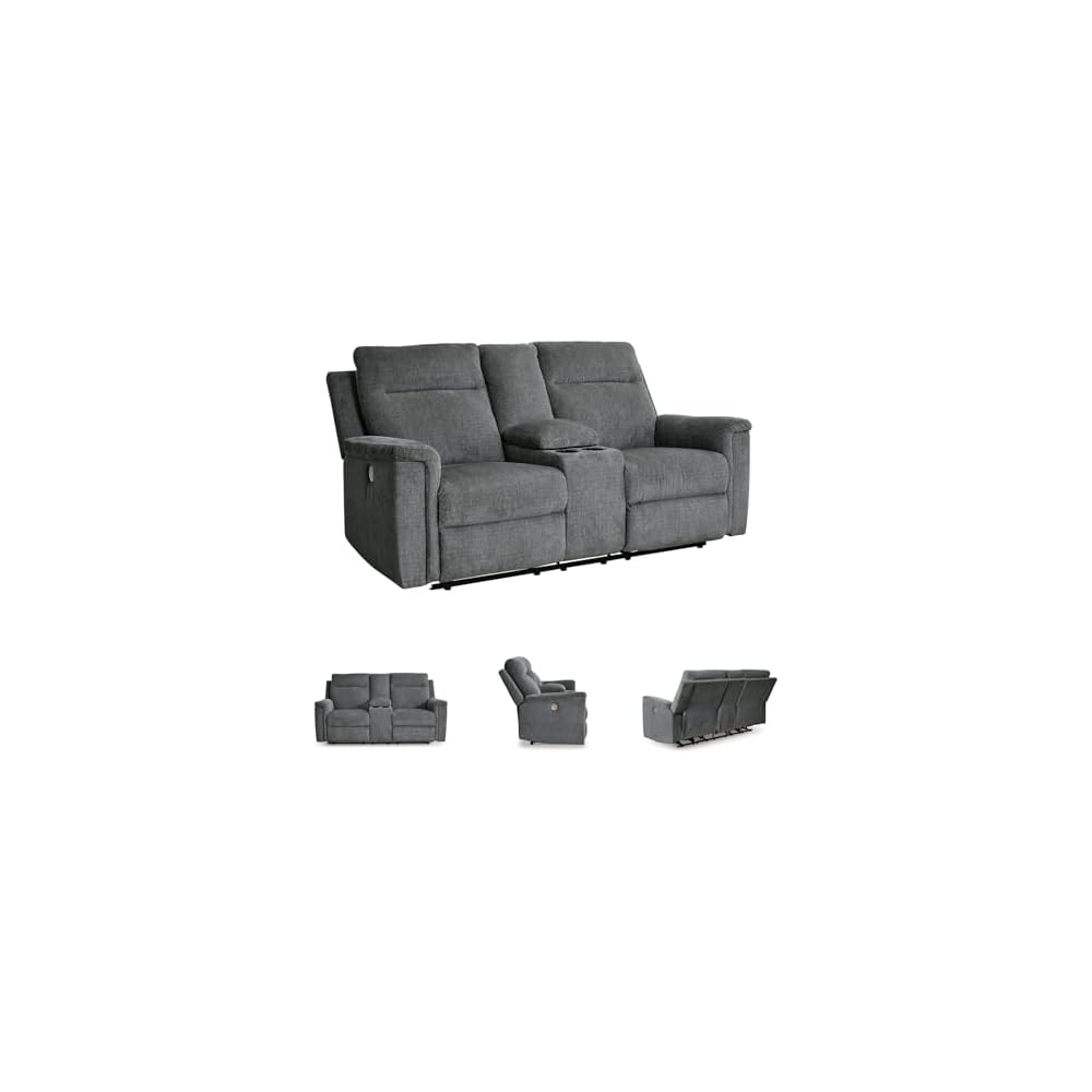 Signature Design by Ashley Barnsana Minimalist Power Reclining Loveseat with Console and USB Charging Ports, Gray
