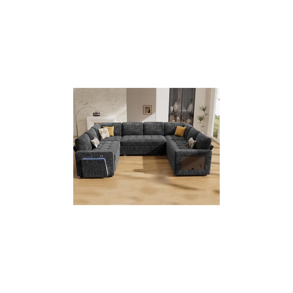 Vipbear 8 Seat U Shaped Modular Sectional Sleeper Sofa with Pull Out Bed/Reclining Backrest/USB Ports/Table/LED Light/Storage Seat, Sectional Sleeper Couch, Tool-Free Assembly, Chenille Black