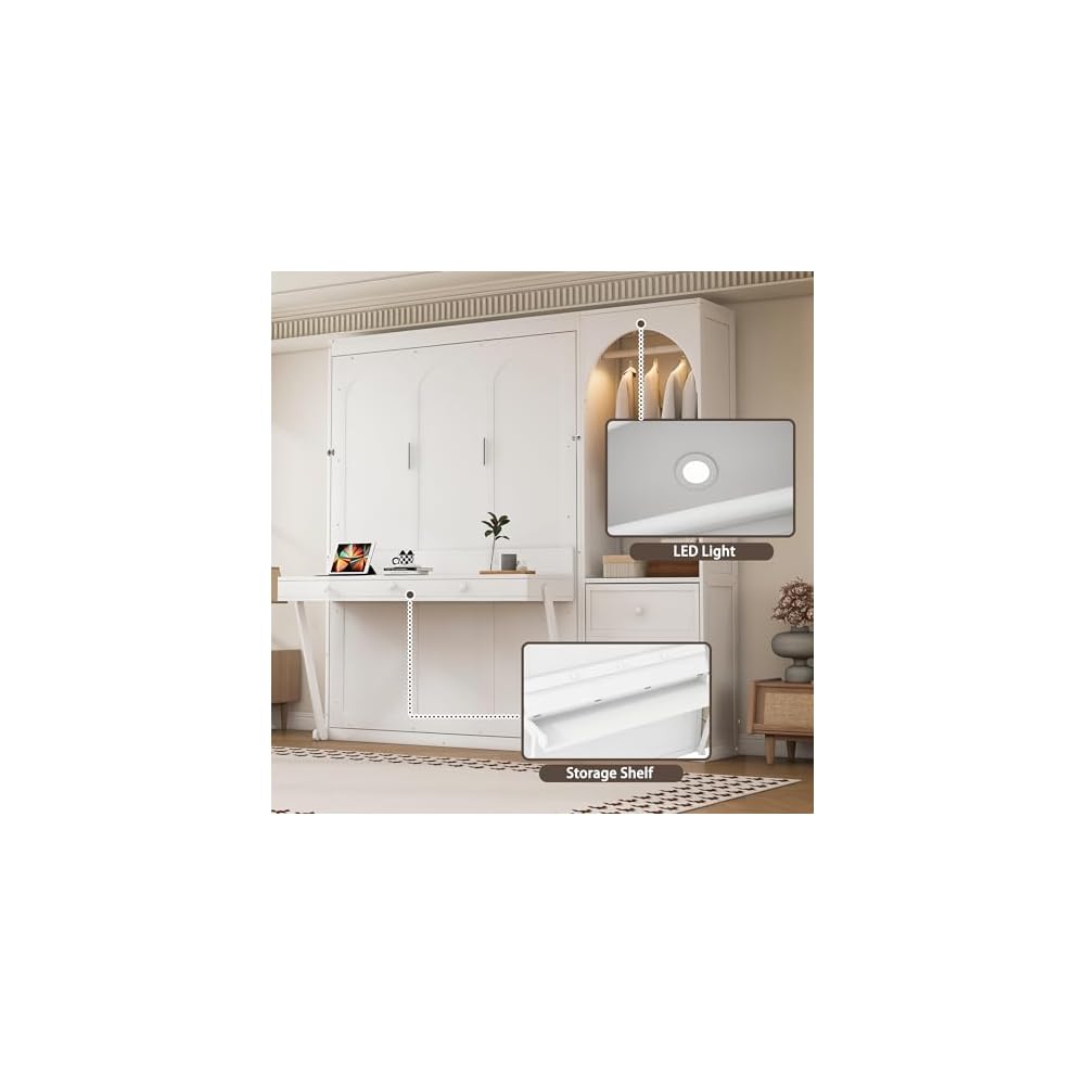 YOPTO Murphy Bed Queen Size,Murphy Bed with Stoarge Shelf,White