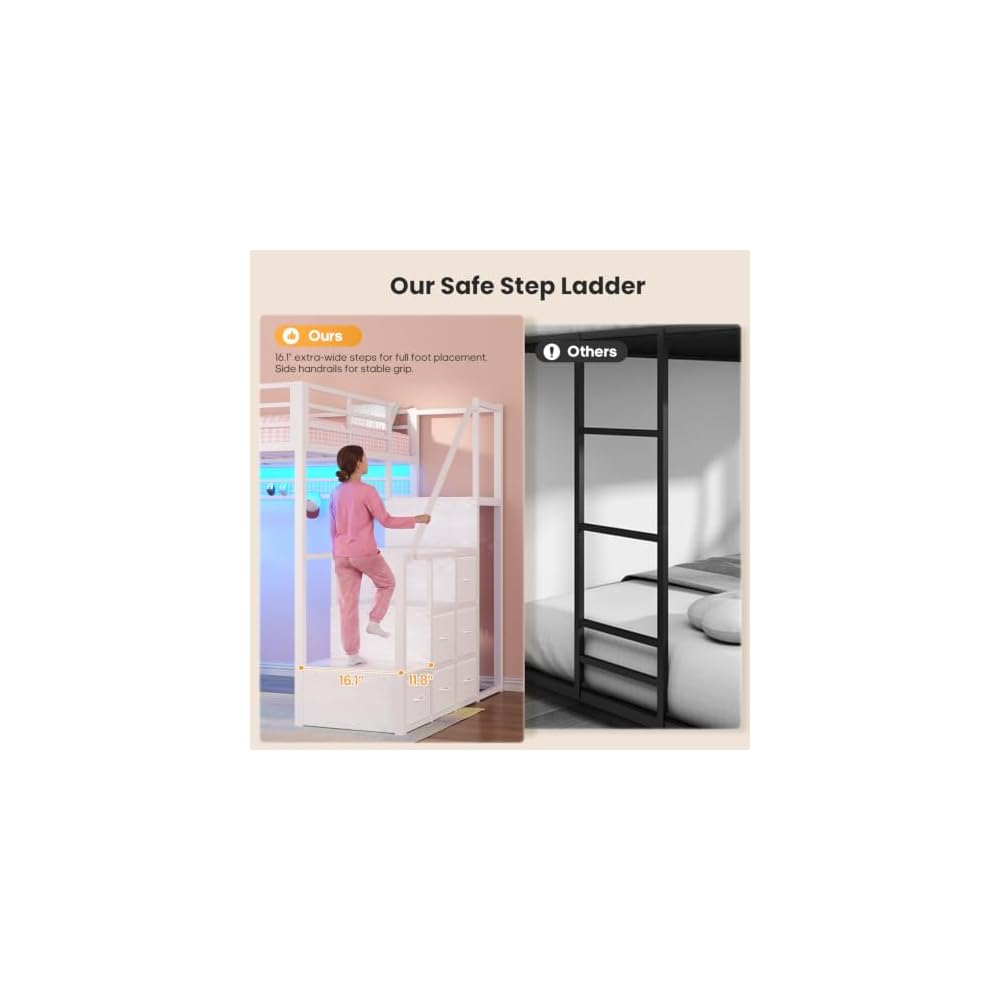 BTHFST Full Size Loft Bed with 55.5" Desk and Storage Stairs, White