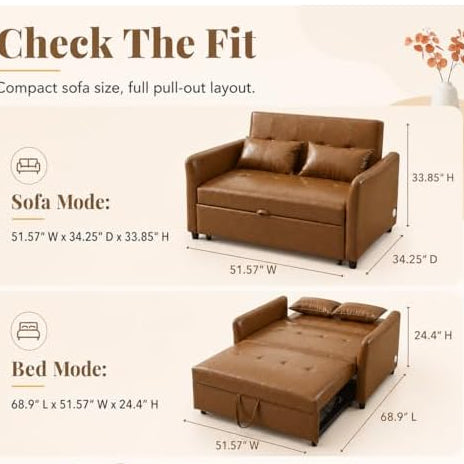 PU Leather Sofa Bed - 51.57" Brown Convertible Loveseat Sleeper Sofa with Pull-Out Couch Bed, 3 USB Charging Ports, Compact Faux Leather Couch for Living Room, Bedroom, Apartment