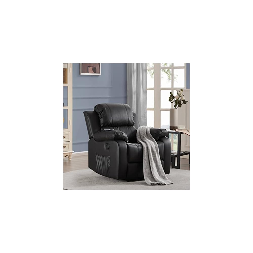 Power Recliner Chair with Massage and Heat PU Leather Electric Chair 8 Point Massage Lumbar Heat Ergonomic Recliner Sofa (Black)