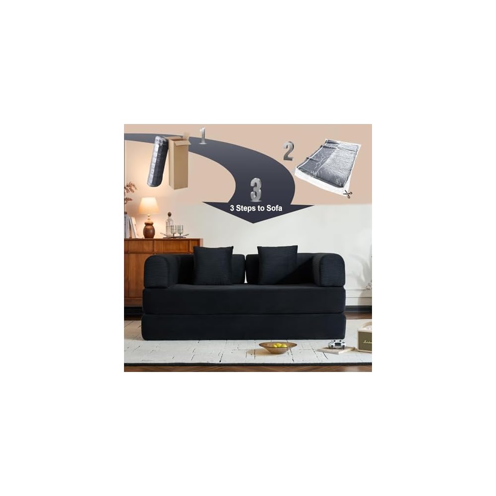 Convertible Sleeper Sofa Bed with Fixed-Shape Frame, Modern Corduroy Folding Boneless Couch with 2 Pillows, Comfy Floor Sofa Couch for Living Room, No Assembly Required, Black